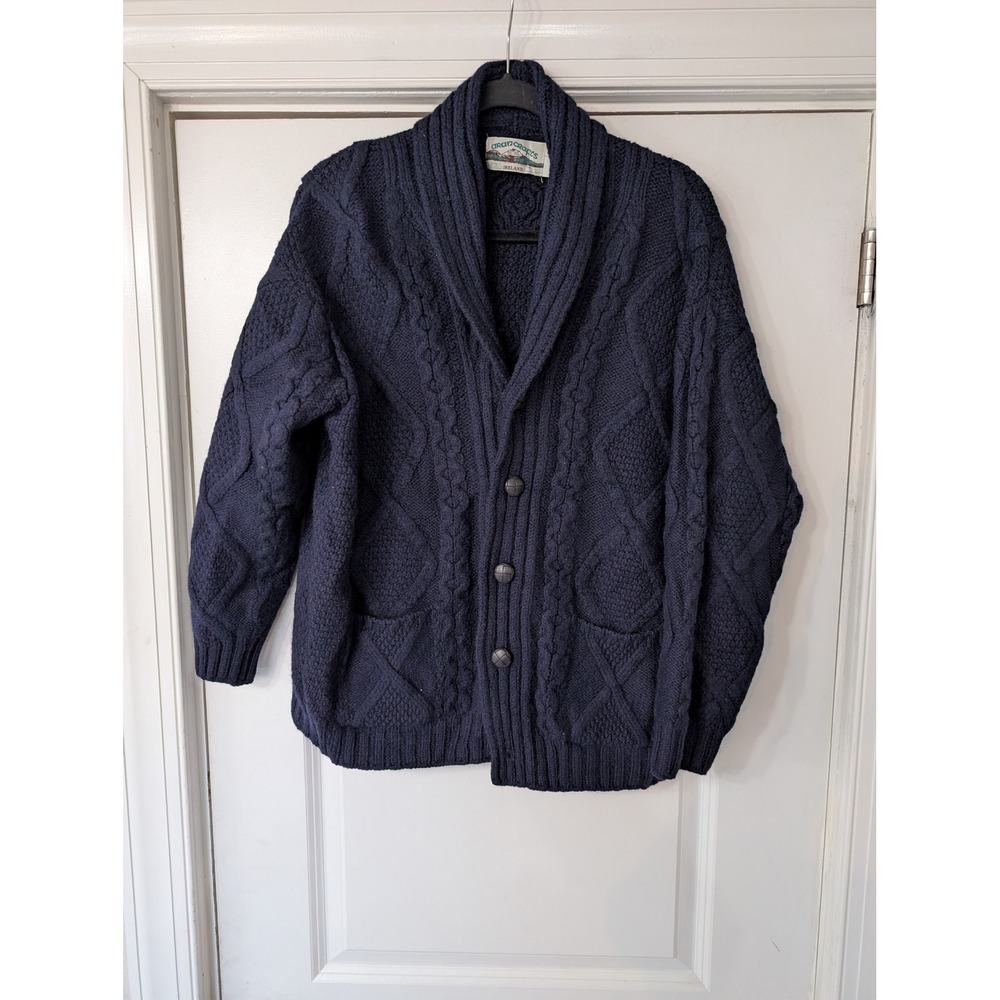 Aran Crafts Ireland Navy Blue 100% Merino Wool Shawl Collar Cardigan Sweater XL
